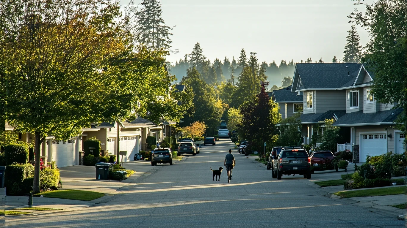 A suburban street in Auburn, WA with craftsman homes, parked cars, and a person walking their dog on the sidewalk.