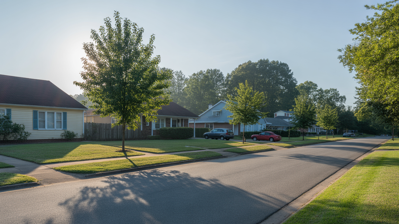 A peaceful suburban street in Garner, North Carolina in the early morning light