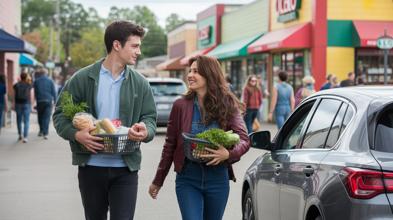 Couple loading groceries into car outside local market in Cicero, Illinois