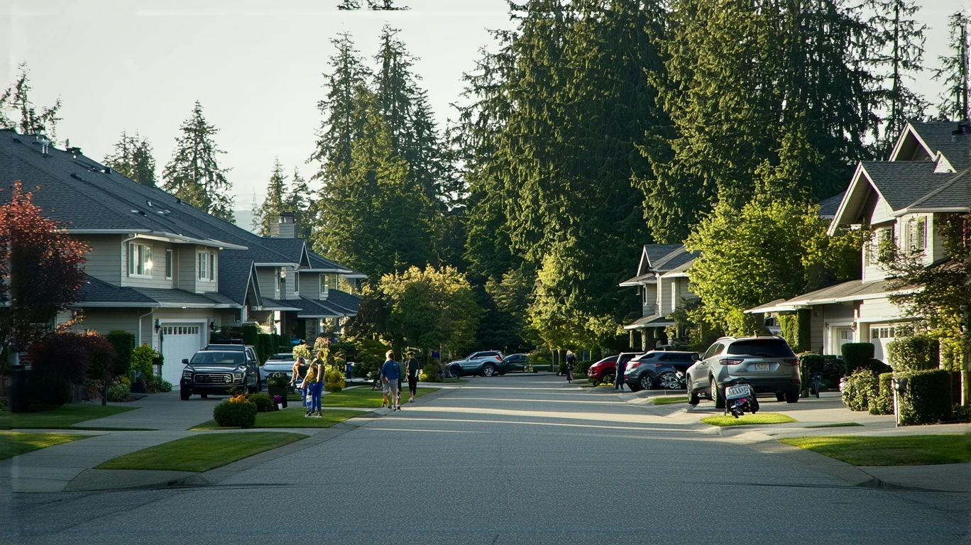 Couple walking dog on sidewalk in front of craftsman homes in Bothell neighborhood