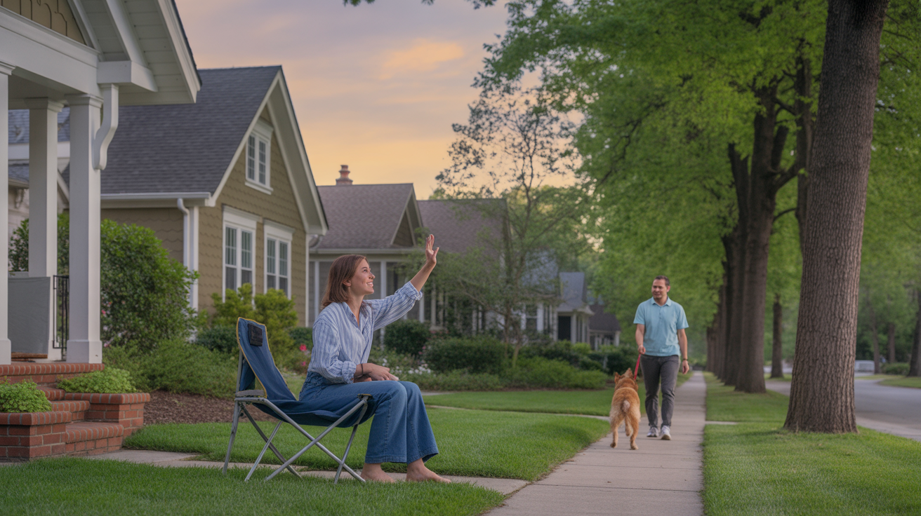 Woman setting up folding chair in front yard, waving to neighbor walking dog in Matthews, NC