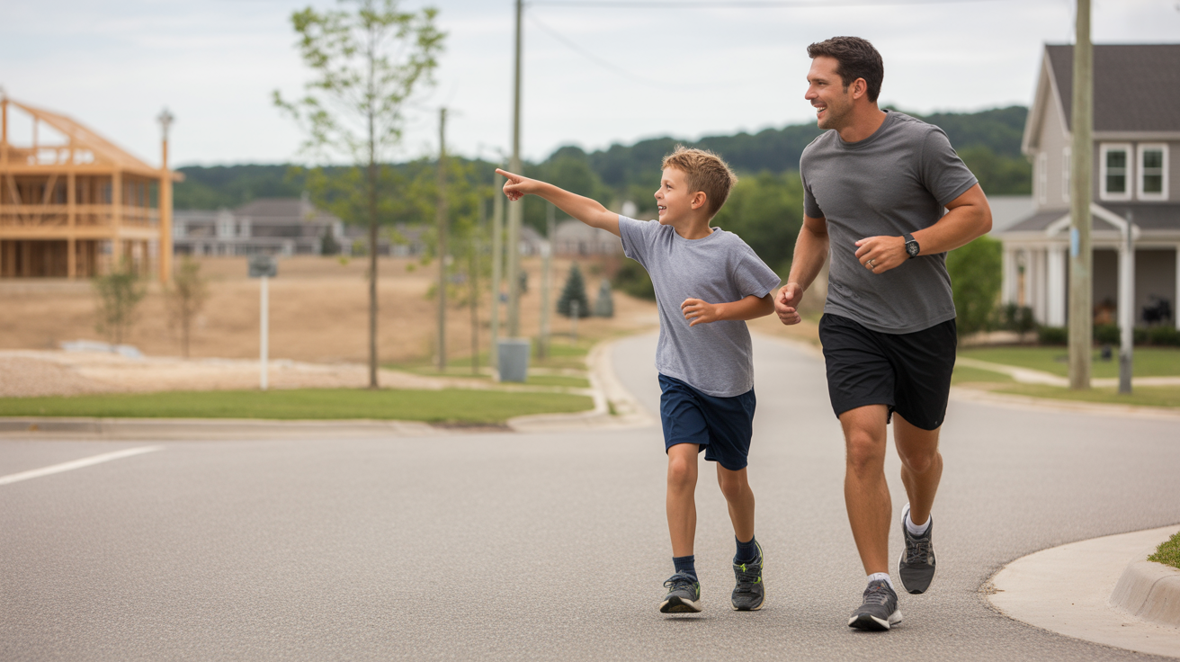 Father and son take a break from jogging to admire view of distant hill in Indian Trail, NC