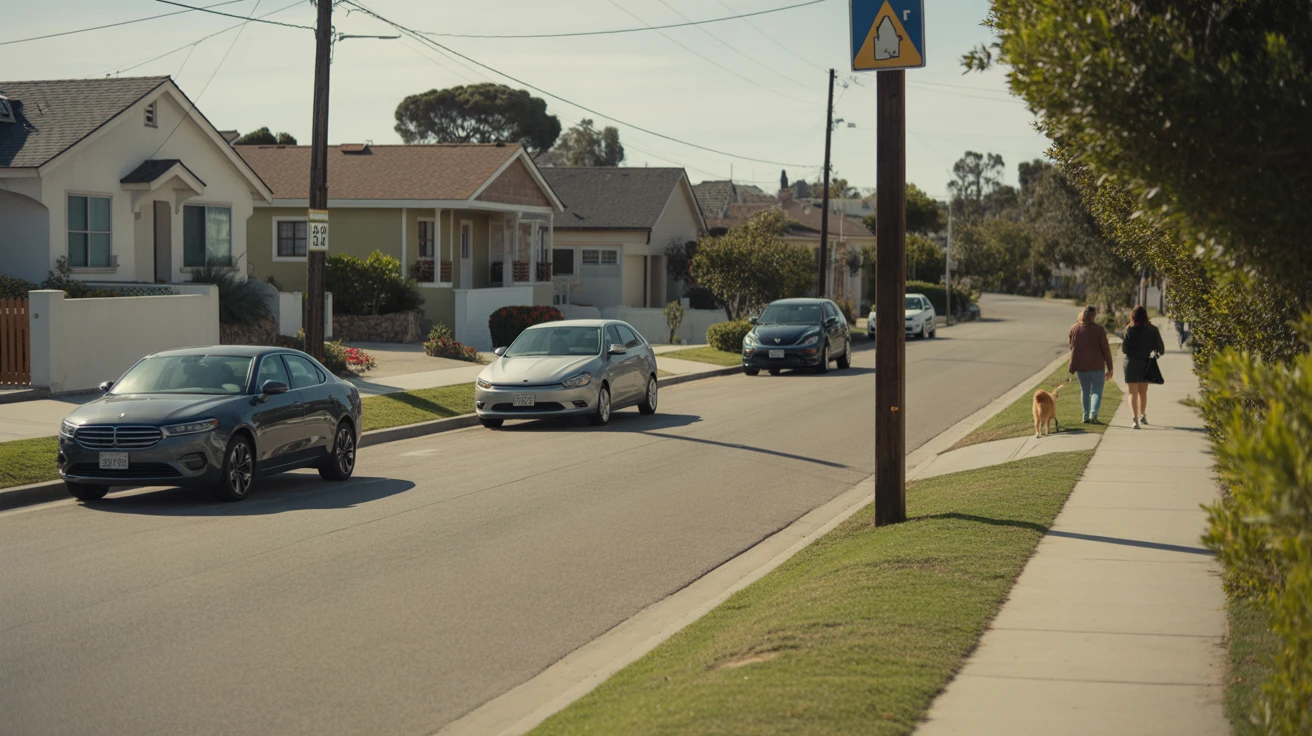A quiet street in a residential neighborhood of El Cajon, California, with a few modest homes, parked cars, and people visible in the distance.