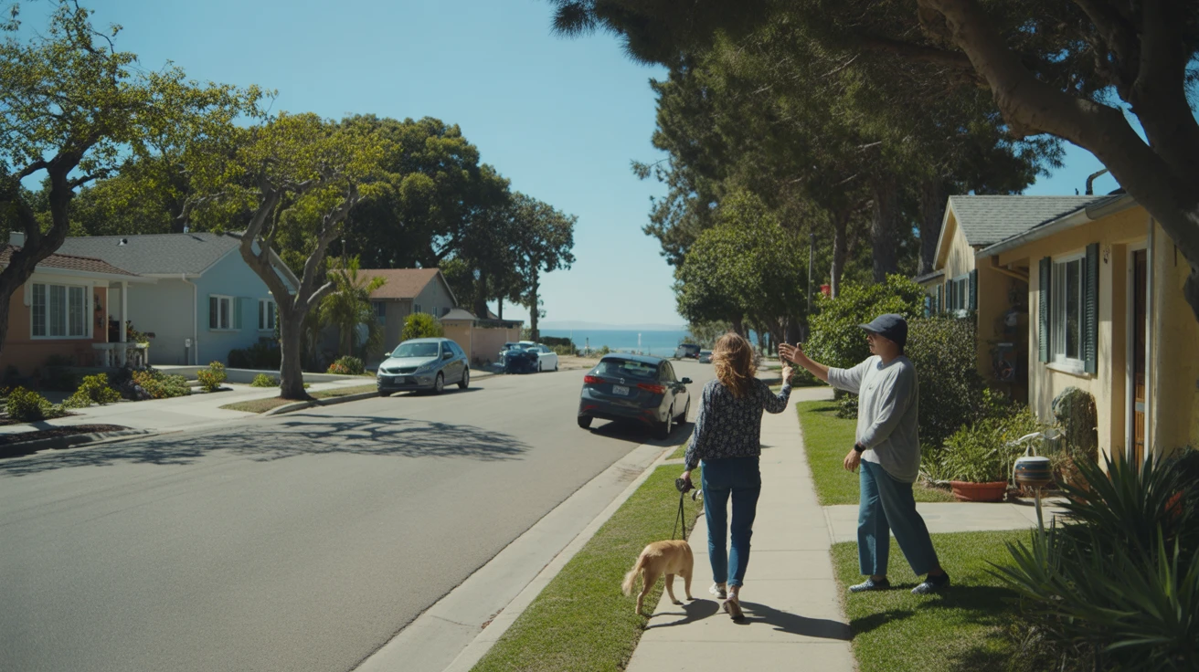 A sunny San Diego street with modest homes, parked cars, mature trees, and neighbors casually interacting.