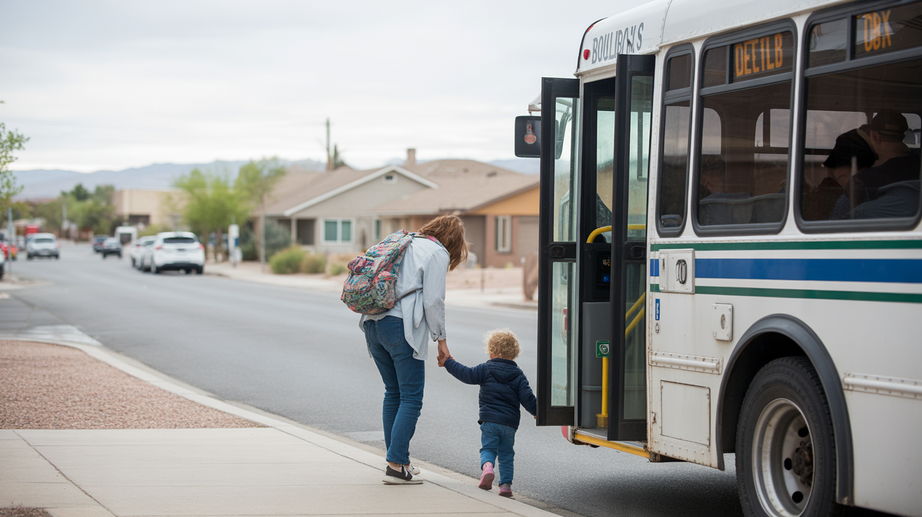 A parent and child boarding a public bus together on a suburban street corner in Boulder City, Nevada.