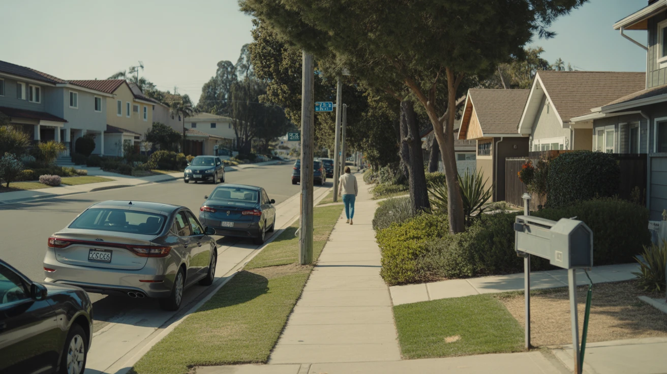 Neighborhood street in San Marcos, California with modern homes, cars, and a person walking on the sidewalk.