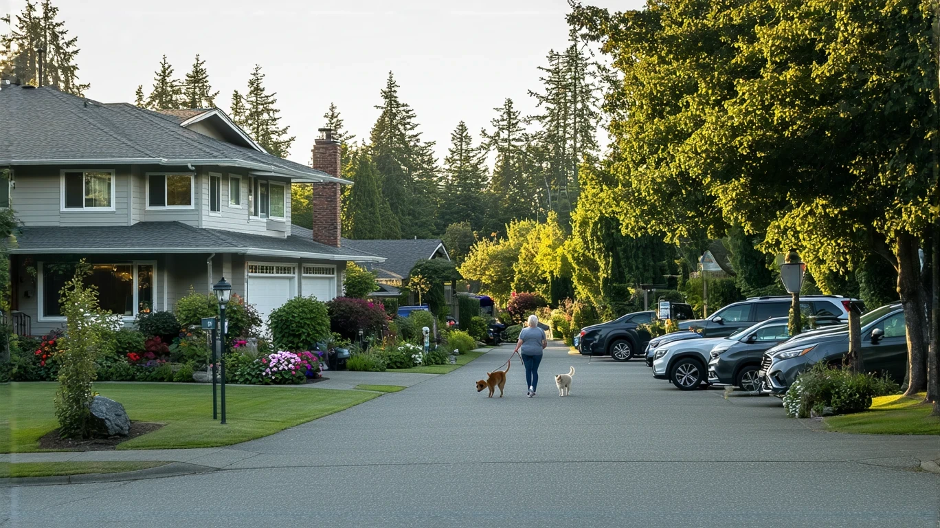 A residential street in Lynnwood, WA with craftsman-style homes, tidy yards, a woman walking her dog, and a parked car in a driveway on a sunny day.