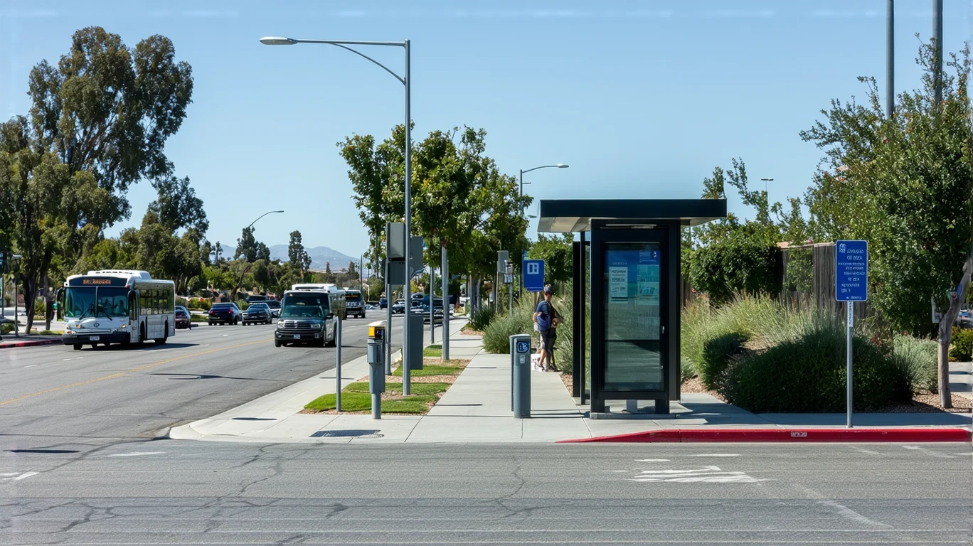 A bus stop shelter on a suburban street in Carlsbad, CA with people waiting and a bus approaching.