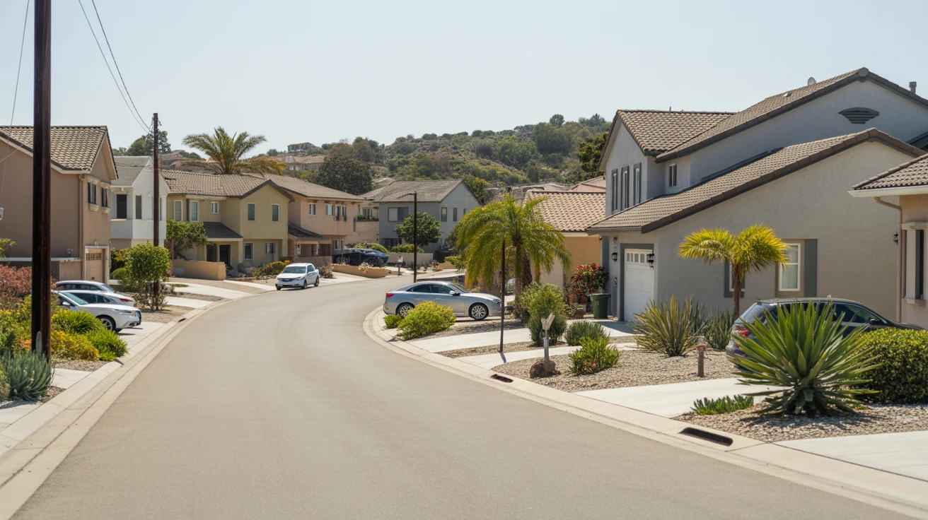 A sunny residential street in San Marcos, California lined with modern stucco homes and drought-tolerant landscaping.