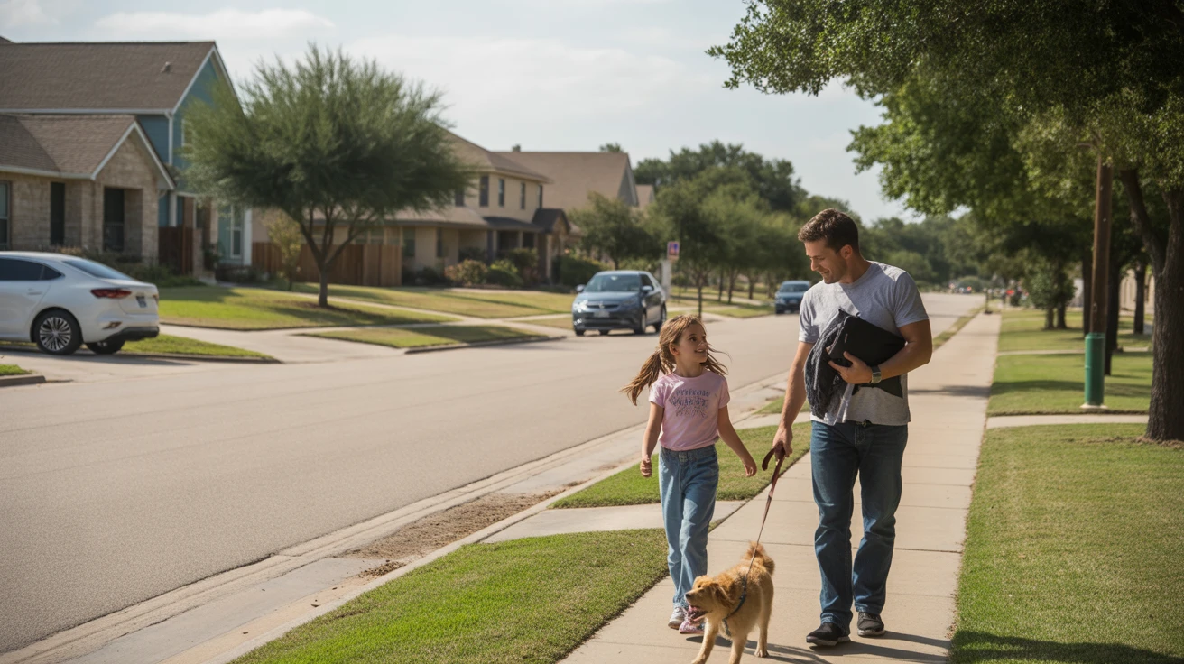 Father and daughter walking dog on sidewalk in quiet Allen, Texas neighborhood with tidy homes and yards.