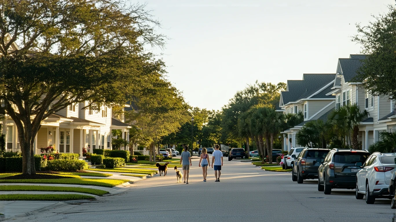 A suburban Clearwater street with a mix of houses and apartments on a sunny day