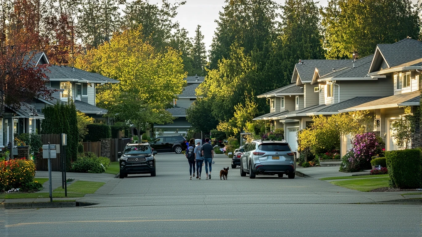 A tree-lined suburban street in Kirkland, WA with craftsman-style homes and a couple walking their dog on the sidewalk.