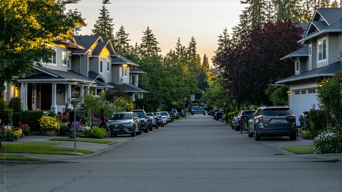 A residential street in Kirkland, Washington at dusk with craftsman homes and quaint storefronts.