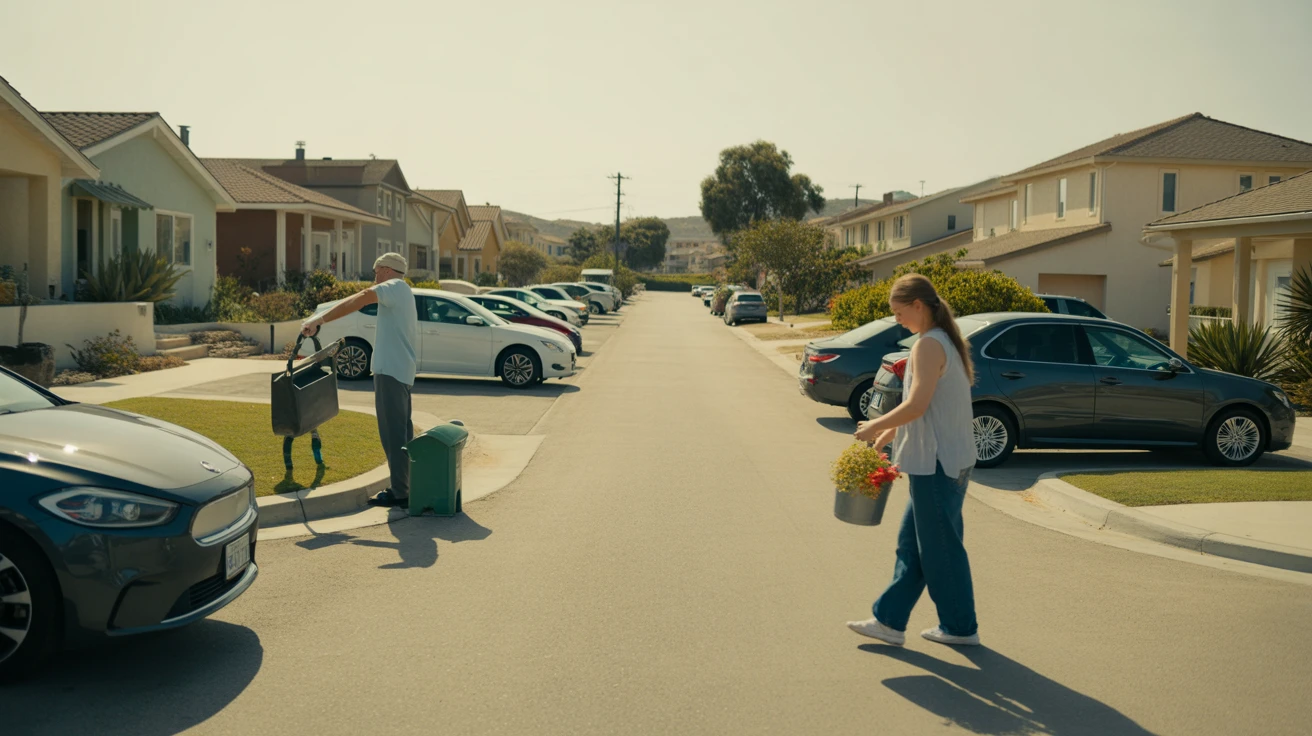 A quiet suburban street in Chula Vista lined with modern homes and drought-tolerant landscaping, with a few residents seen going about daily life under the warm California sun.