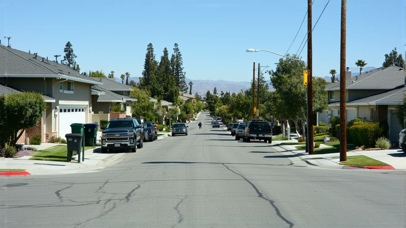 A residential street in Escondido lined with a mix of houses and small apartment buildings on a sunny day.