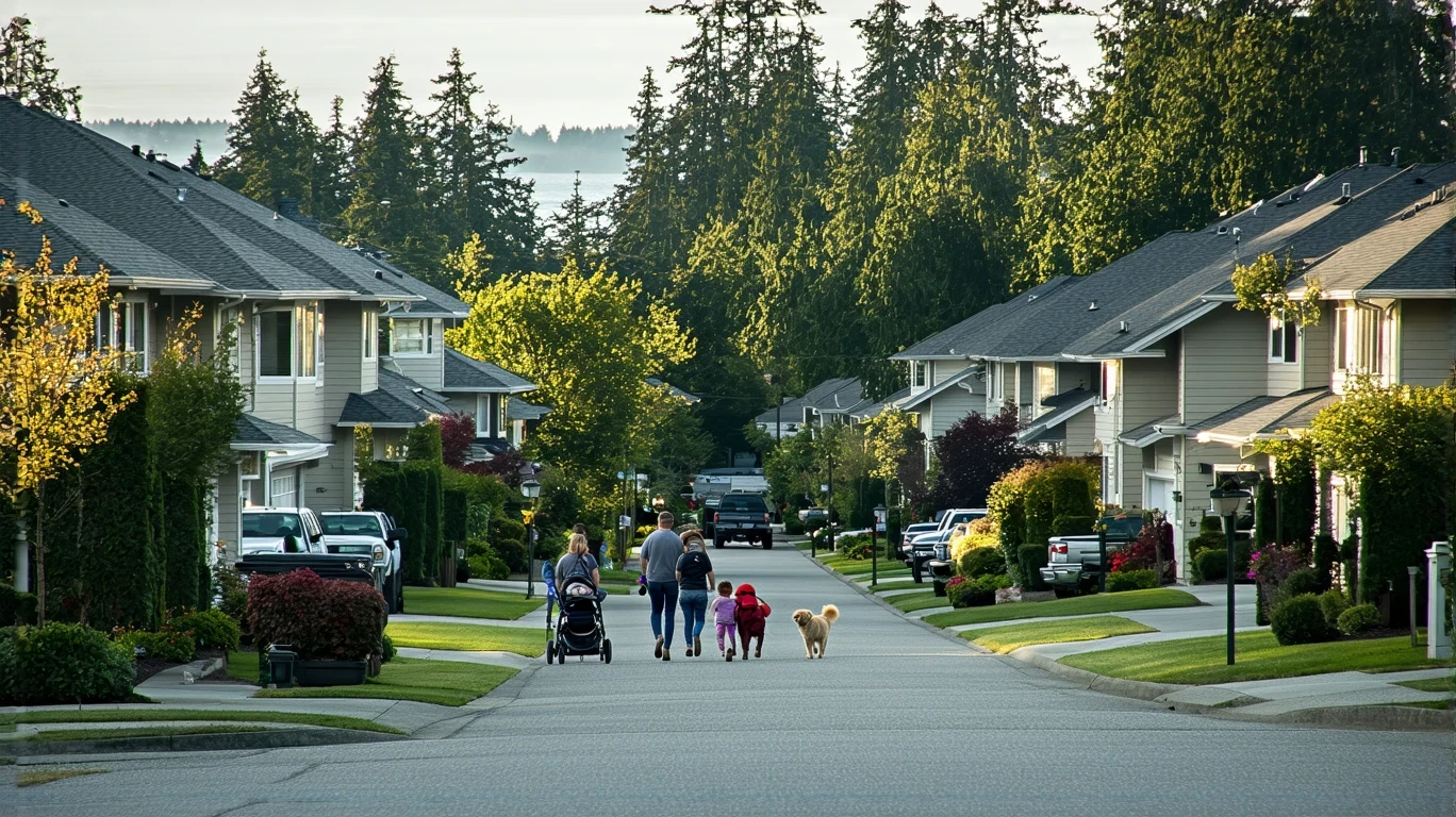 A young family walks their dog down a tree-lined street in Edmonds, Washington, passing well-kept craftsman homes with the Puget Sound visible in the distance.