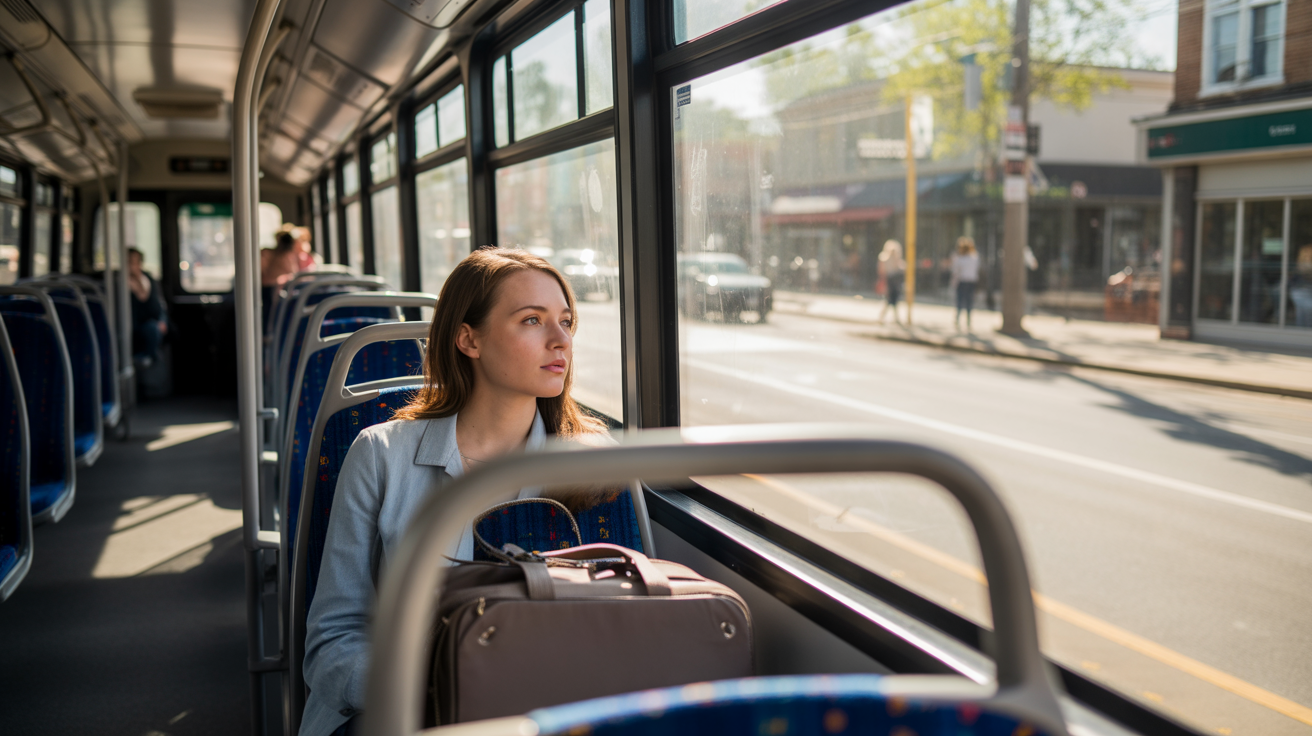 A young woman in business casual attire sits alone on a nearly empty bus on a quiet weekday morning in Cicero, IL.