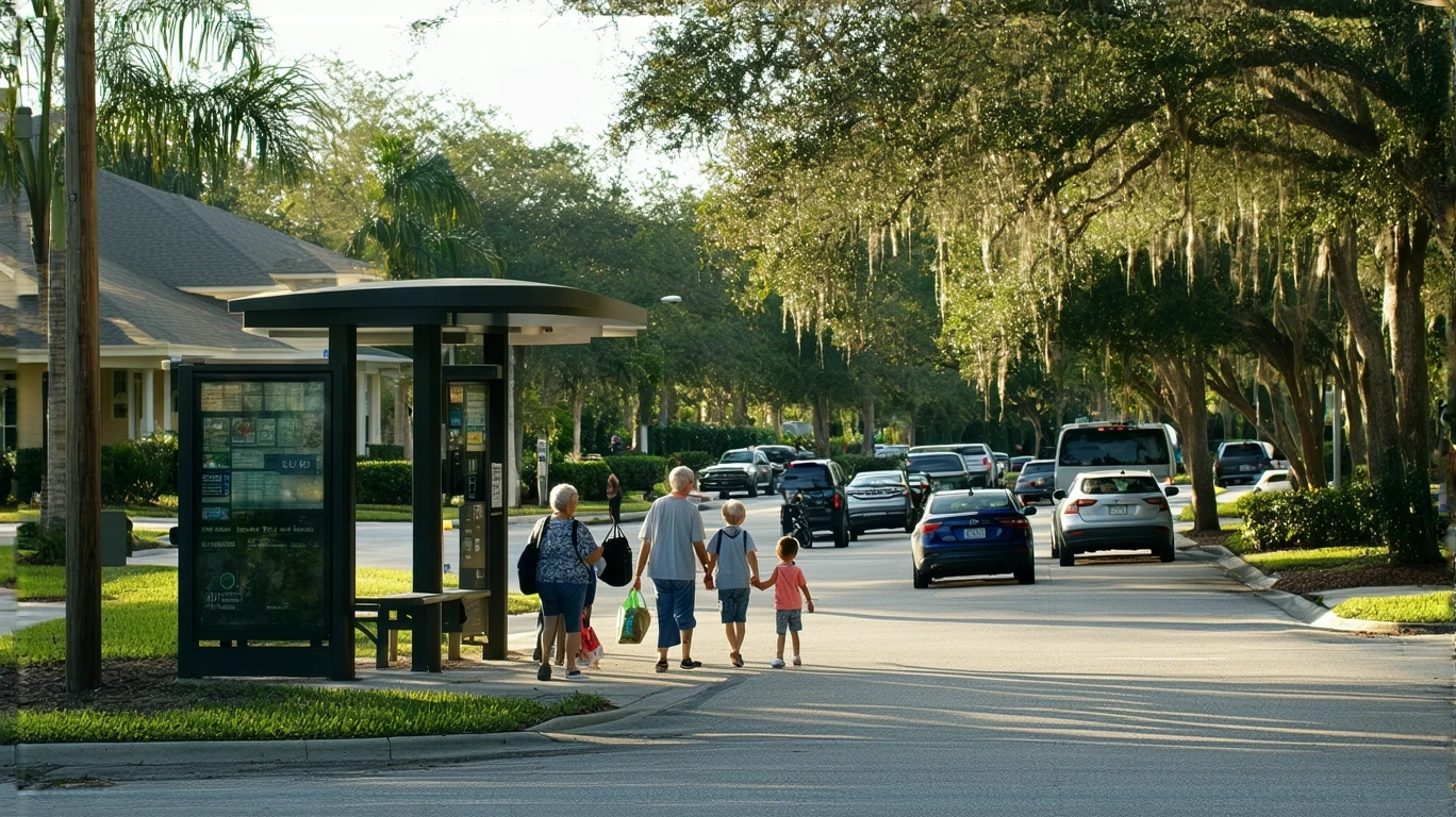 People waiting at a LYNX bus stop on a residential street in Ocoee, Florida on a quiet morning
