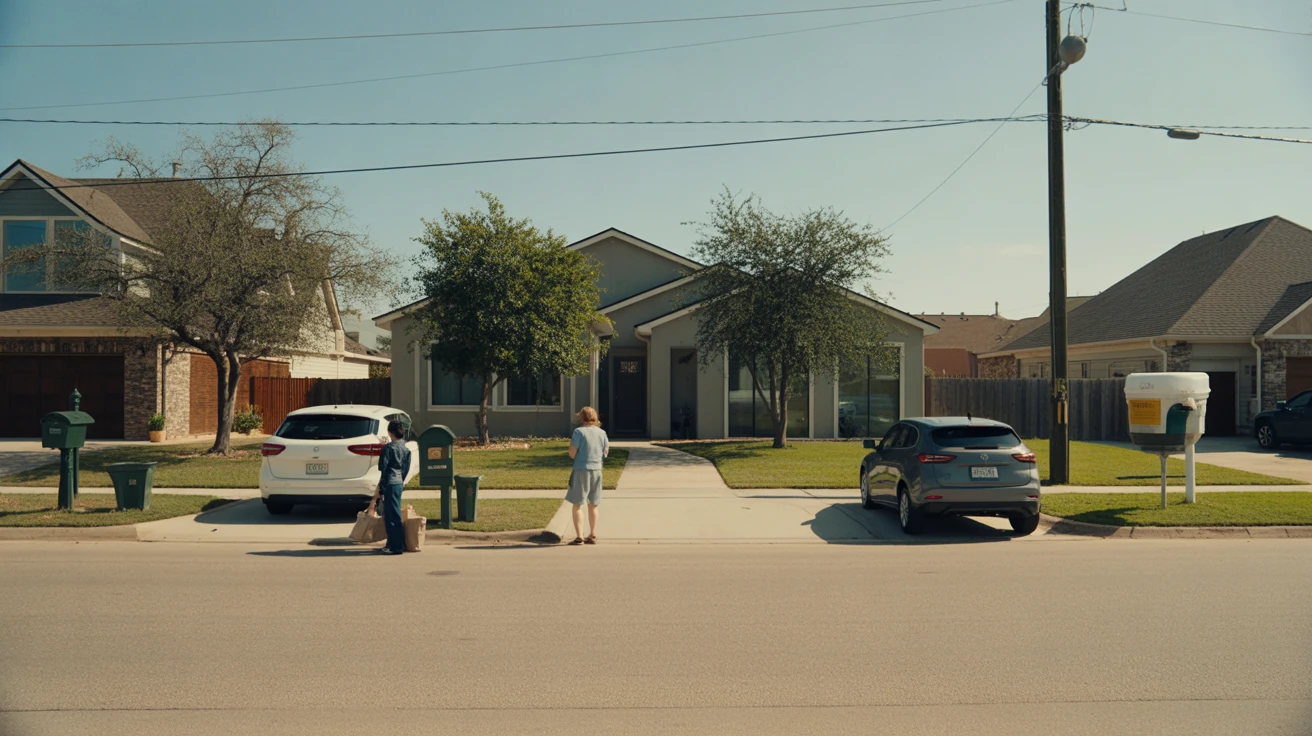 Front view of a suburban home in Allen, Texas with residents unloading groceries on a sunny day