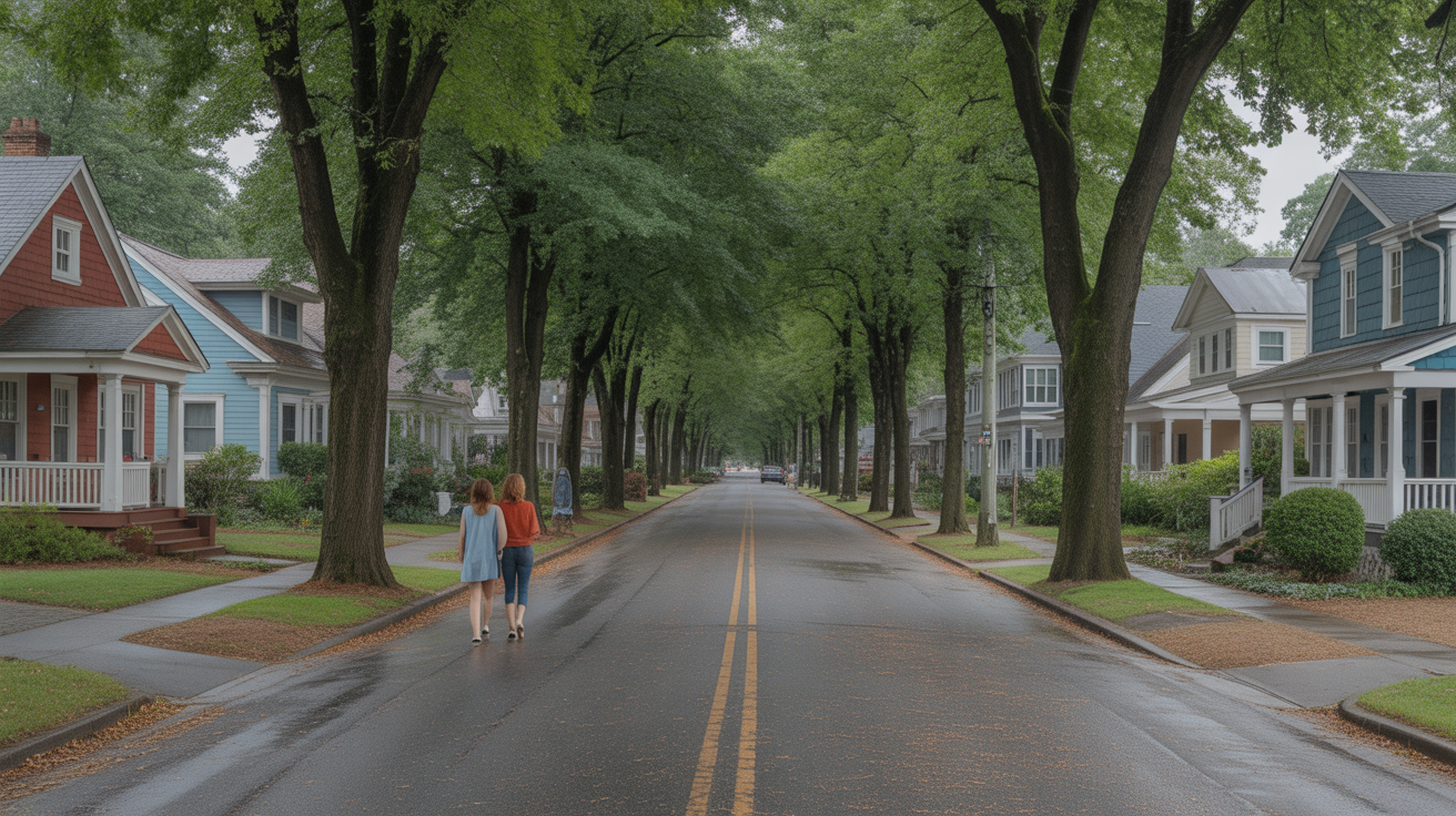 Tree-lined residential street in Concord, North Carolina after rain