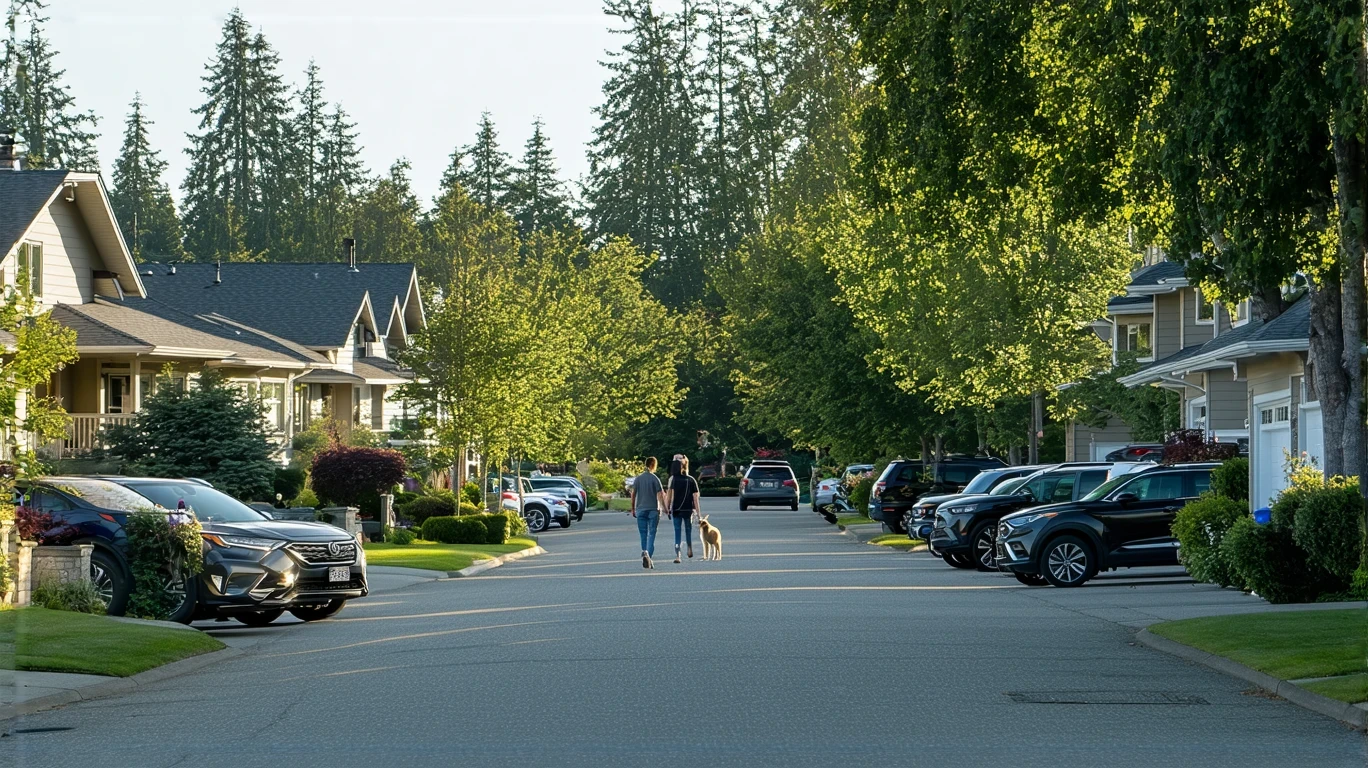 A tree-lined street in Lynnwood, WA with craftsman-style homes, a young couple walking their dog, and parked cars.