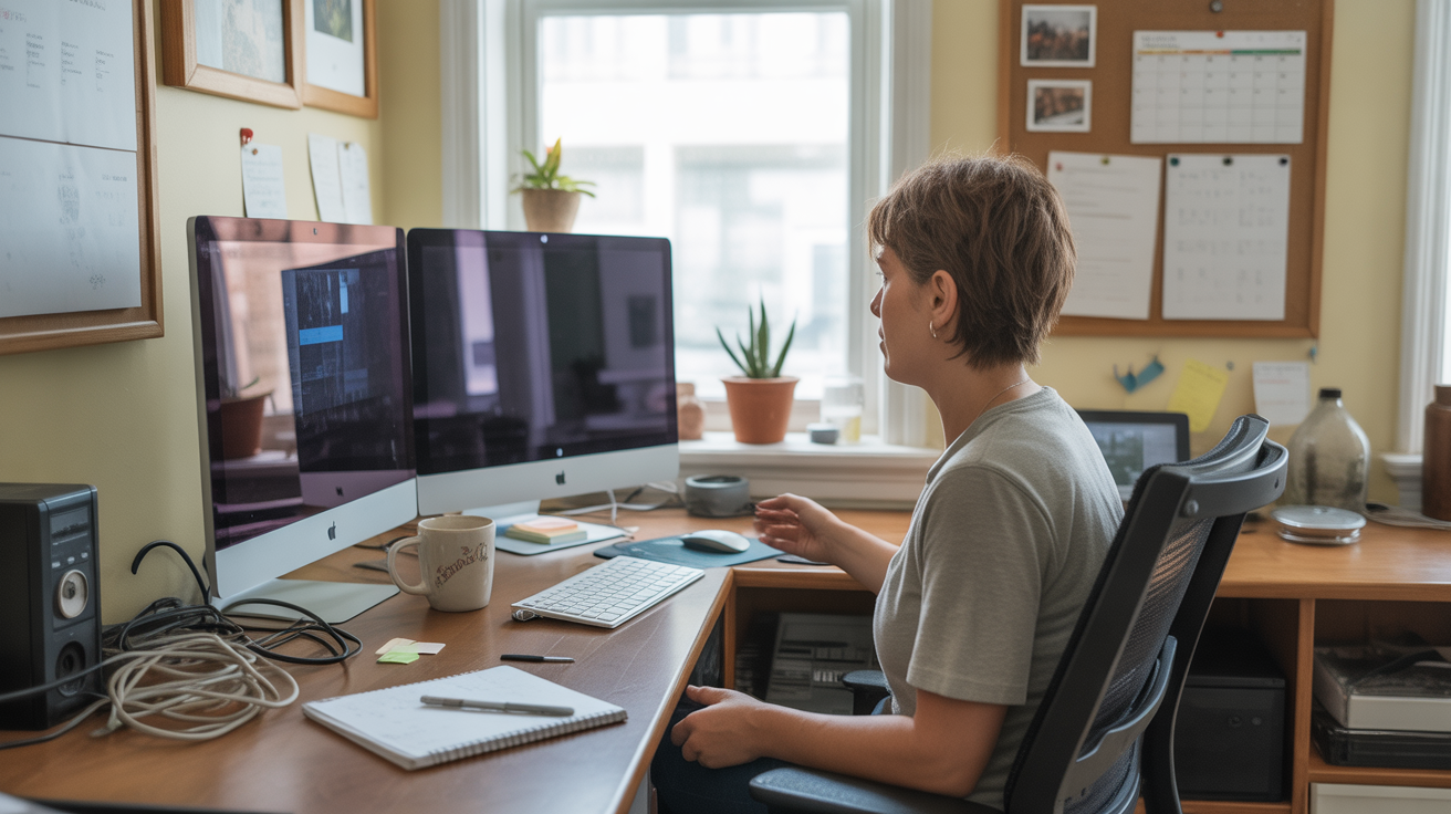 A cluttered home office desk with dual monitors, tangled cords, coffee mug, notepad, and succulent.