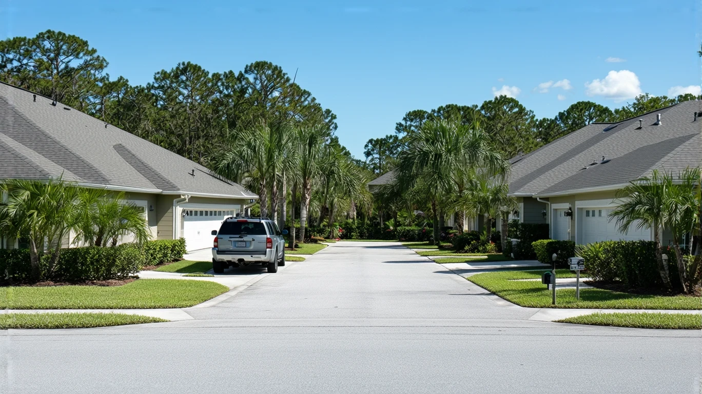 A sunny suburban street in Lutz, Florida with two stucco homes, tidy landscaping, and a parked car in the driveway.
