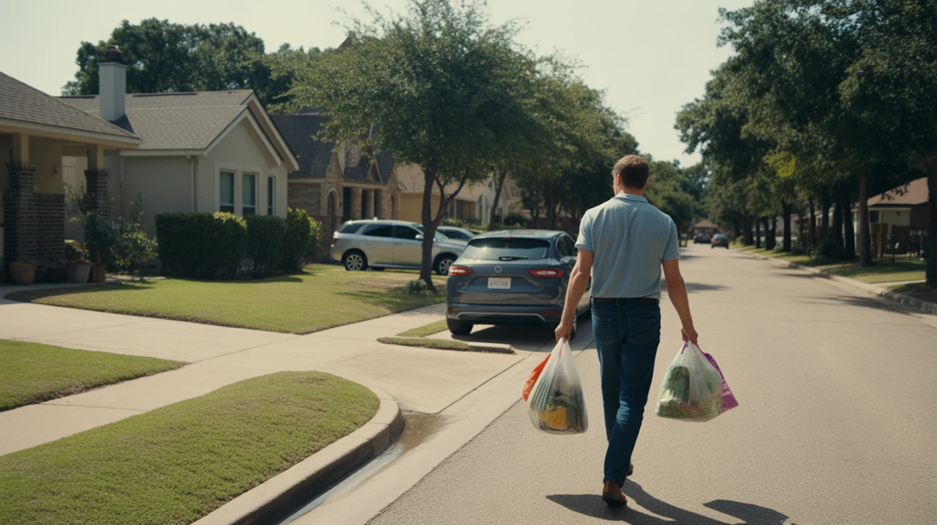 Man carrying grocery bags up driveway of suburban home in Carrollton, Texas