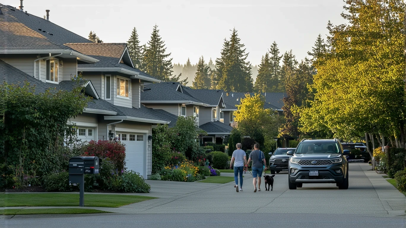 A street in Lynnwood, WA lined with craftsman homes and a couple walking their dog on the sidewalk.