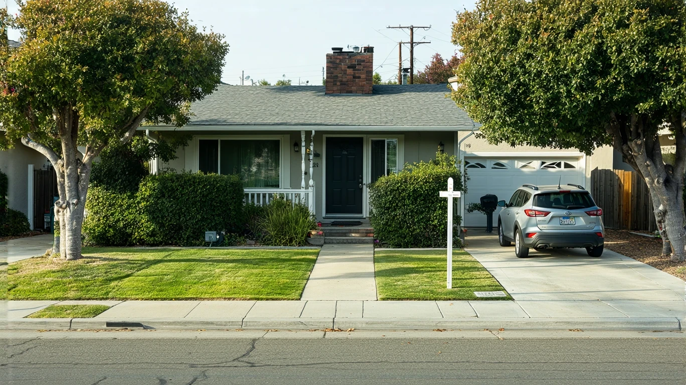 Front yard of a single-story home in Oceanside with a lawn, concrete path, and car in driveway on a sunny day.
