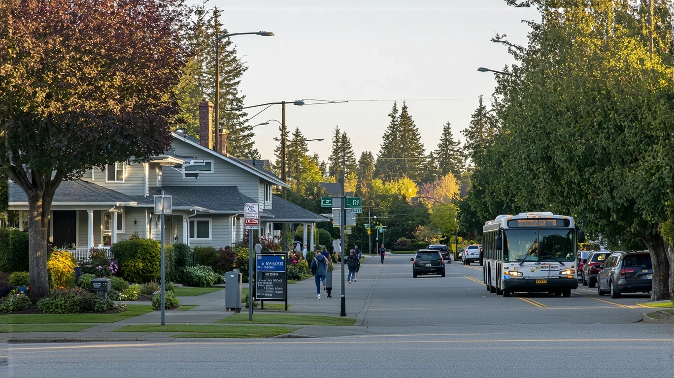 A bus stop on a residential street in Edmonds, Washington with craftsman-style homes and people waiting or walking by.