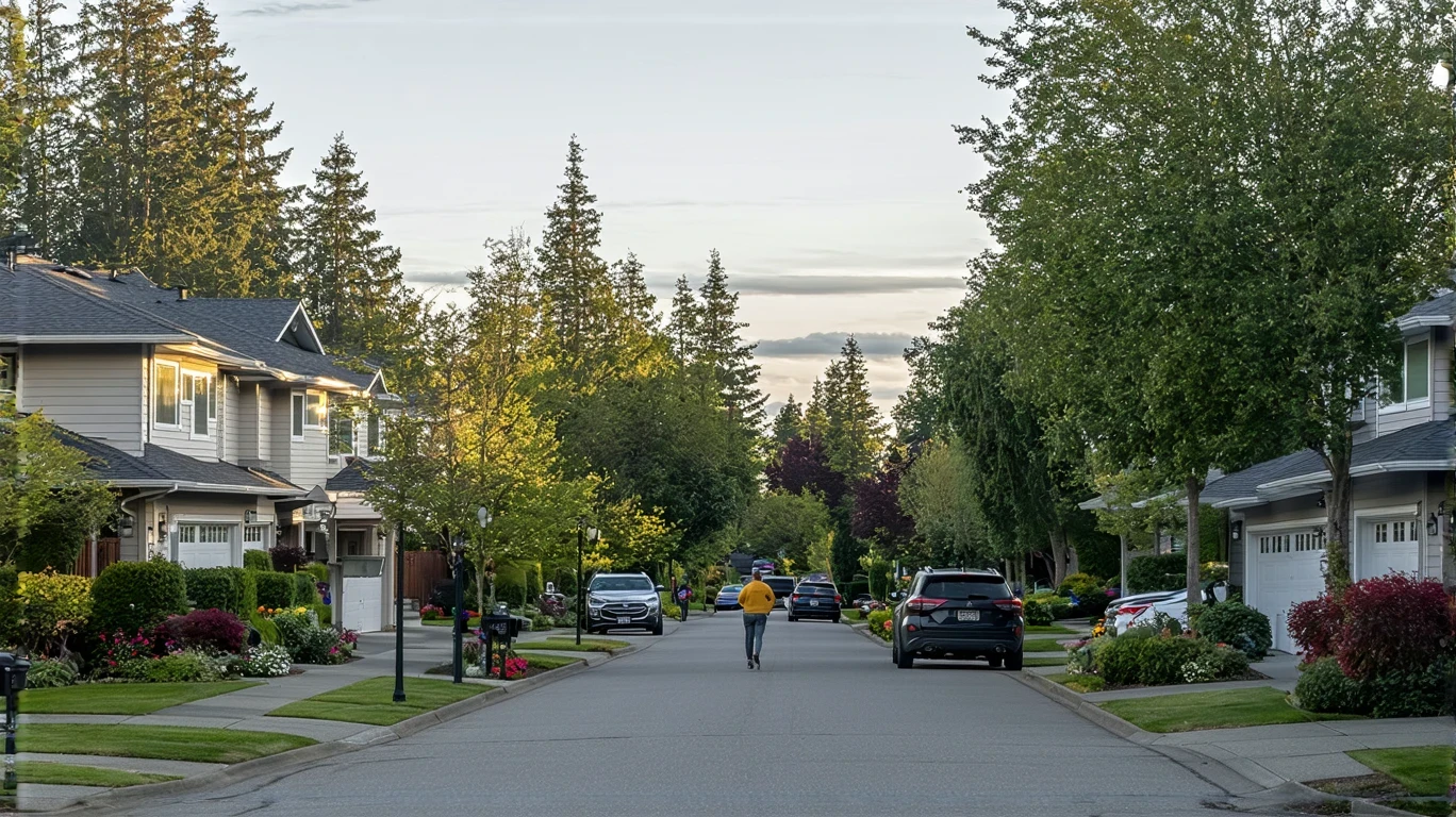 A tree-lined residential street in Redmond, WA with craftsman-style homes and a person walking their dog on the sidewalk.