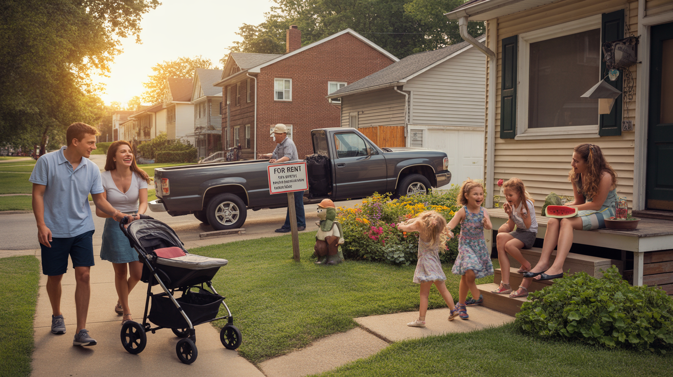 A couple considers an apartment for rent while children play and neighbors socialize on a summer evening in Fern Creek, Kentucky.