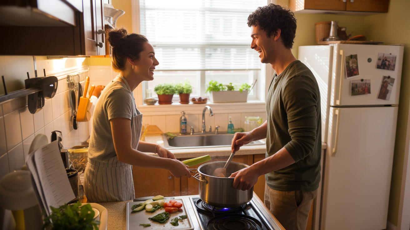 A young couple cooks dinner together in their Fern Creek apartment kitchen