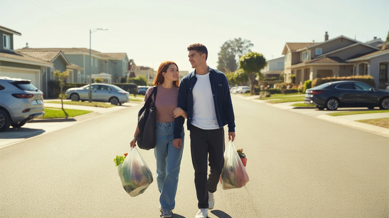 A young couple carrying grocery bags while walking down a suburban sidewalk in Vista, California.