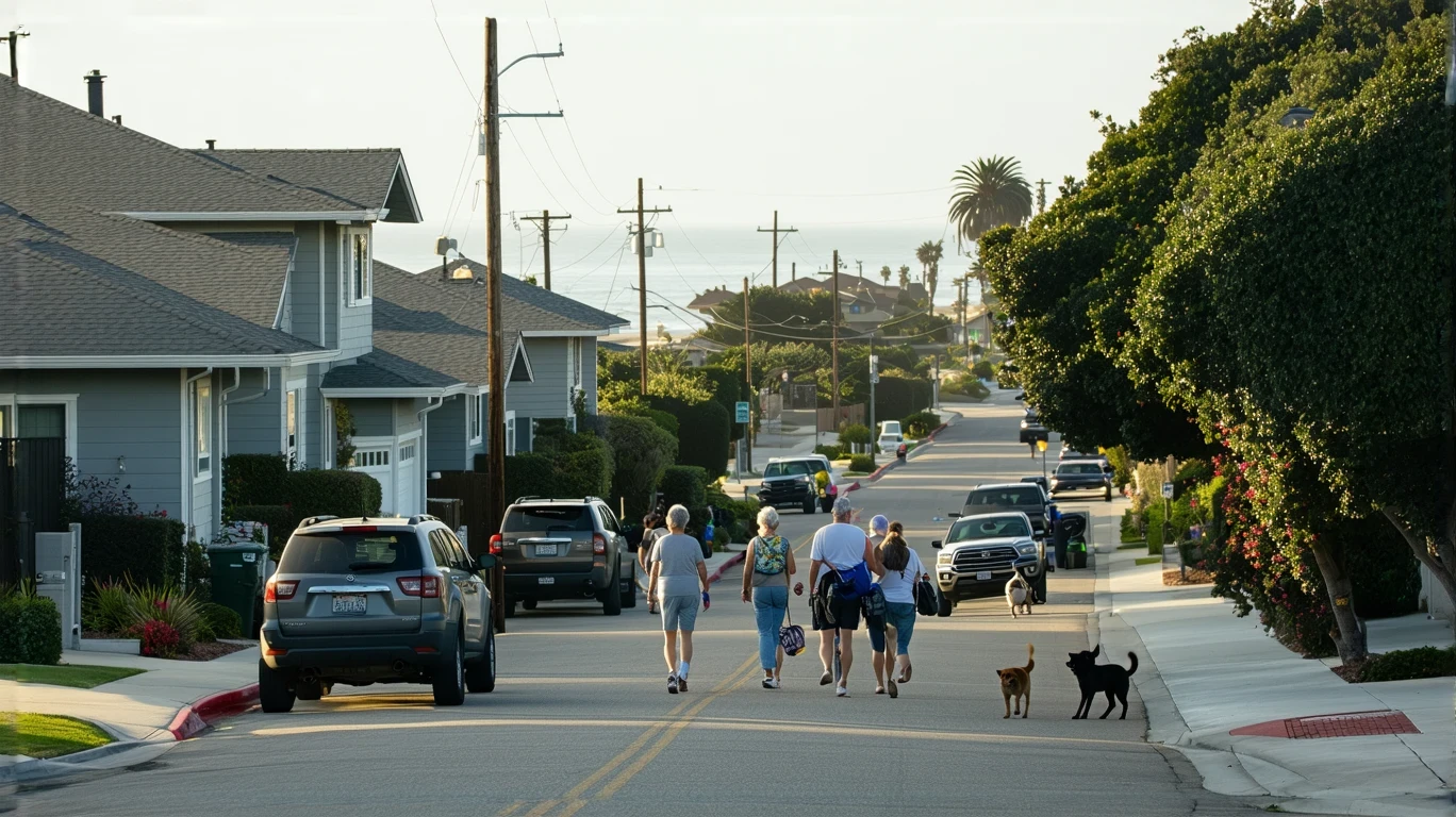 A sunny residential street in Encinitas, California with people going about daily routines in front of coastal craftsman style homes.