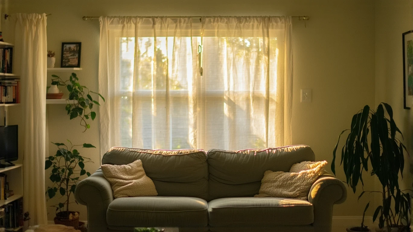 A small, simply furnished living room in Clearwater, Florida with natural light coming through sheer curtains.