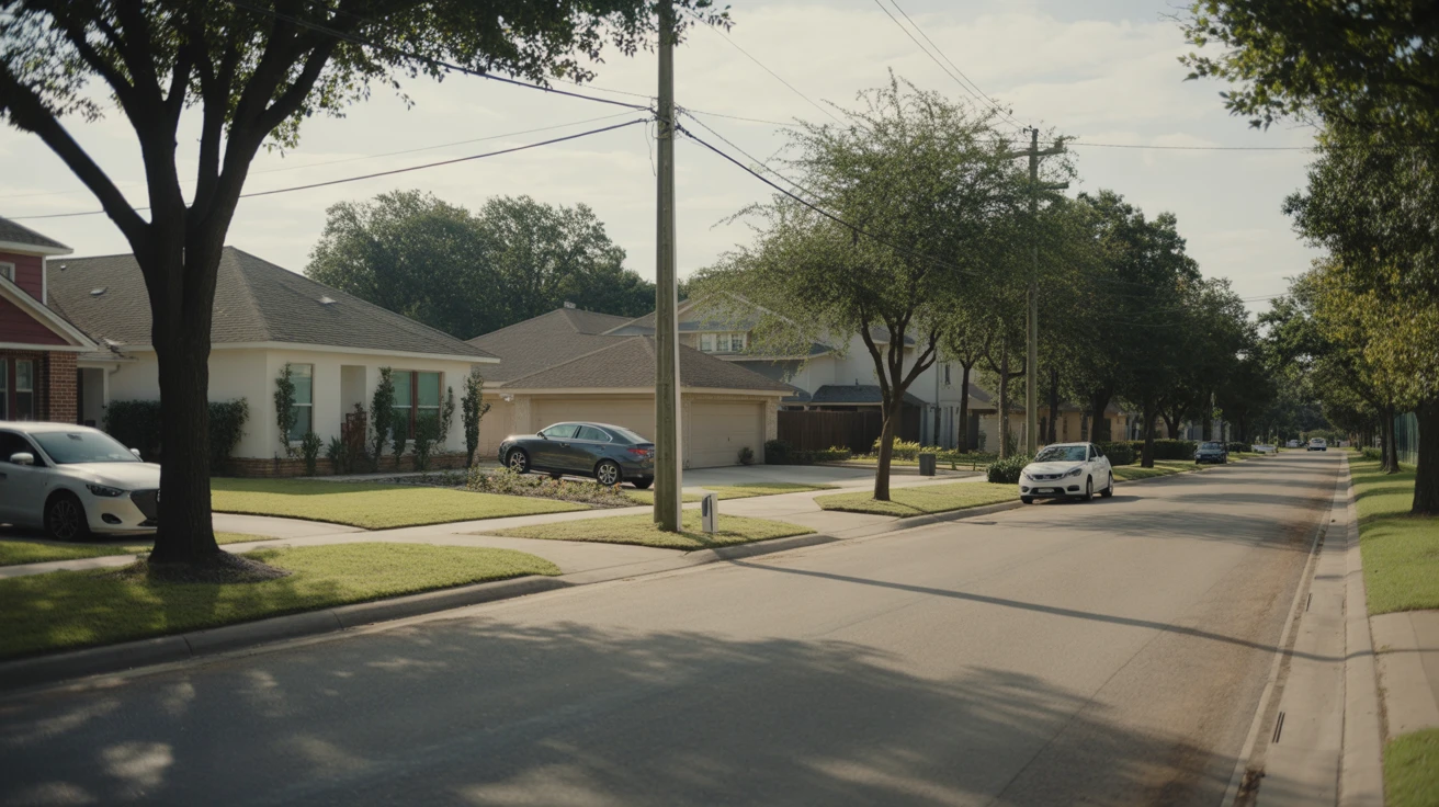 A peaceful suburban street in Cypress, TX lined with modern single-family homes and parked cars.