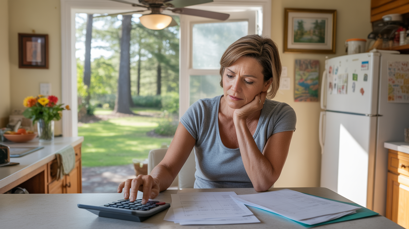 Woman reviewing utility bills and budget at kitchen table in Matthews, NC home