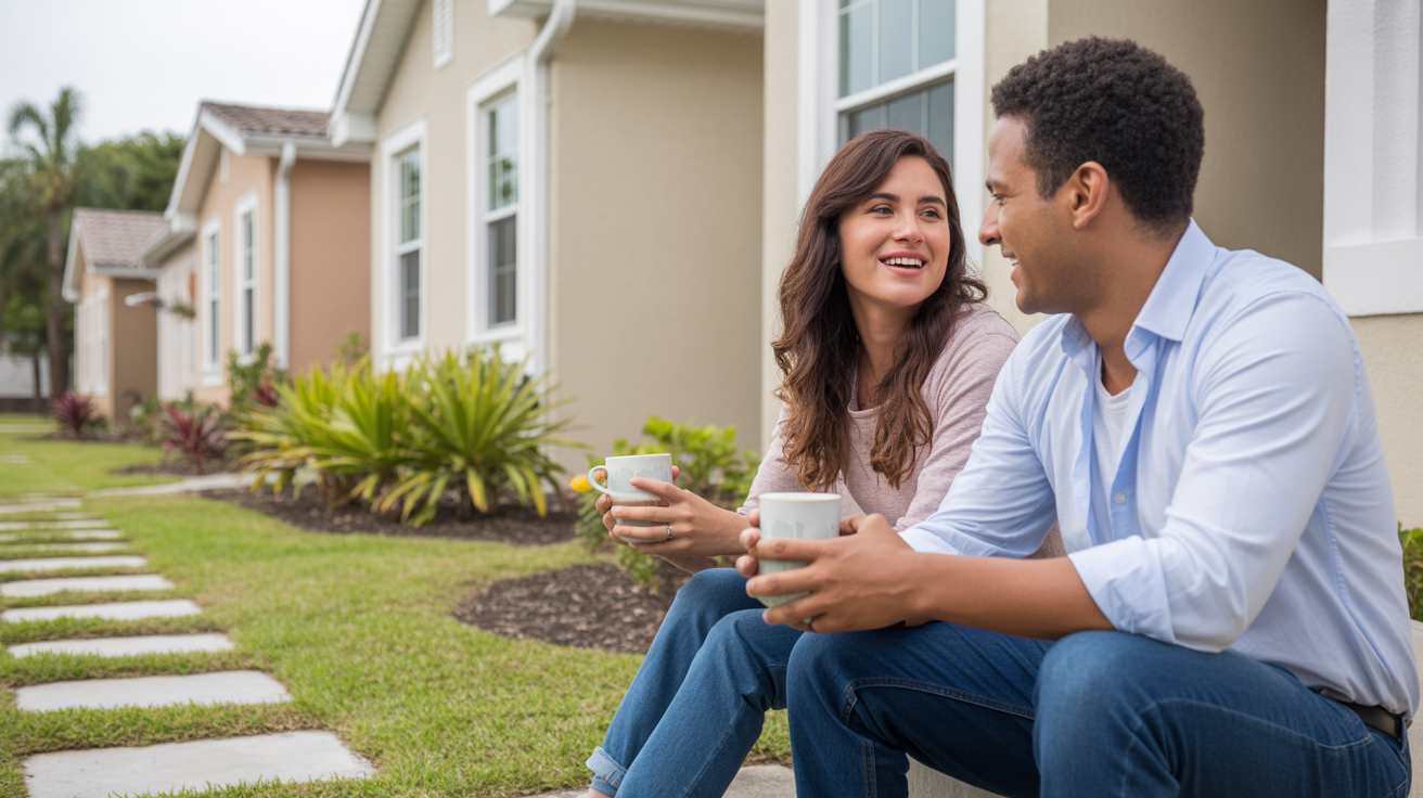 Couple sitting on townhome steps enjoying coffee and conversation in morning