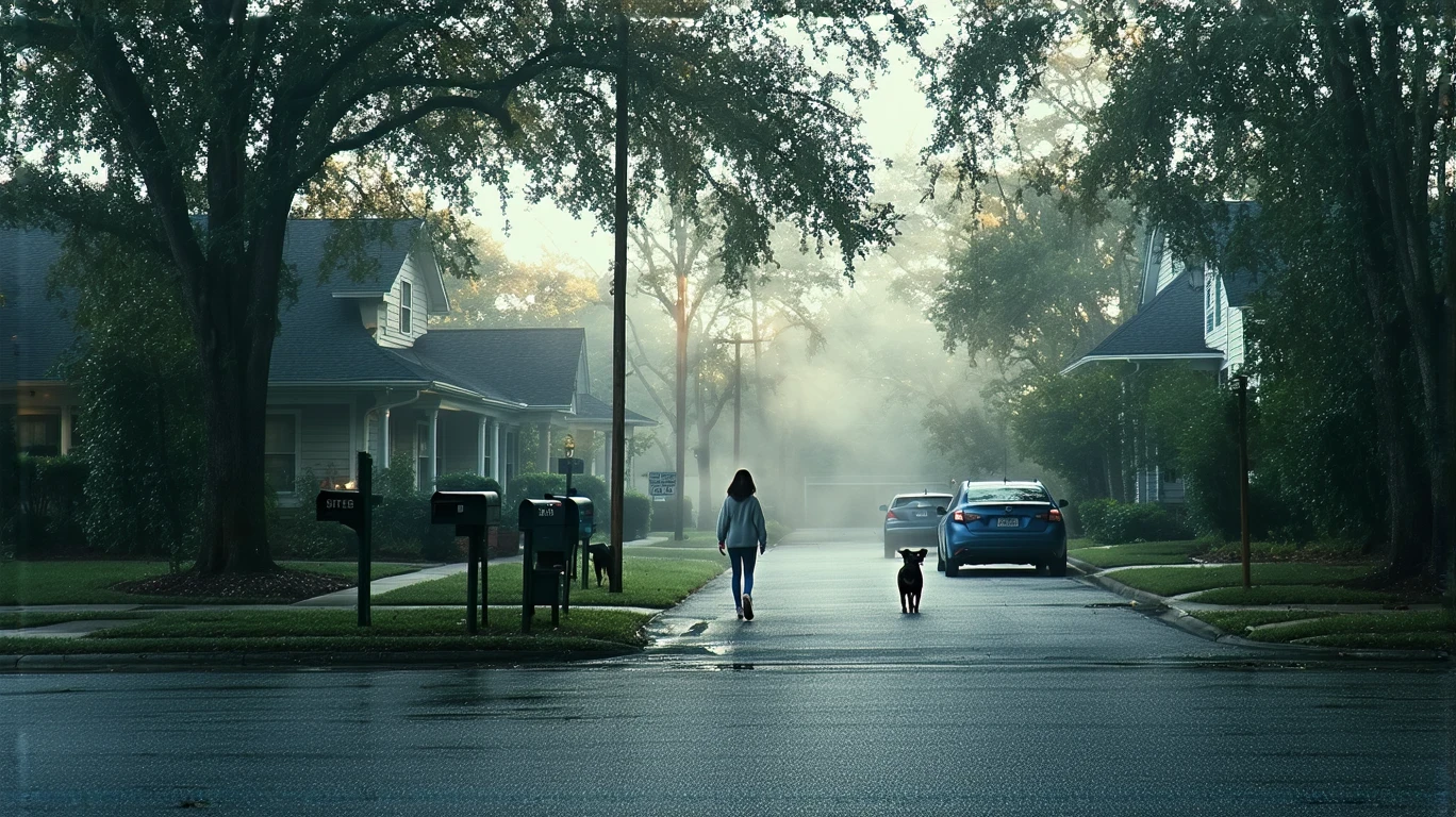 A foggy morning street in Ocoee, Florida with homes, a parked car, and a woman walking her dog