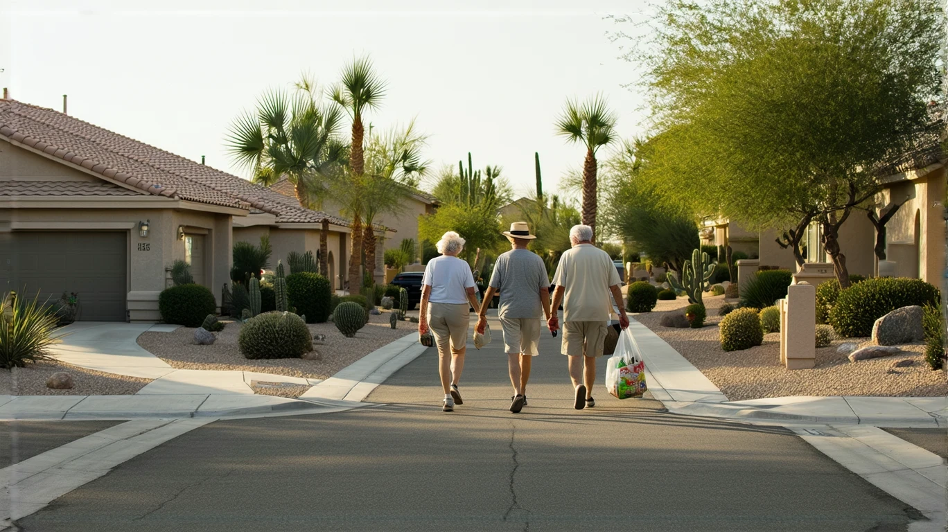 A retired couple walking down a quiet suburban street lined with stucco homes and desert landscaping in Peoria, Arizona.