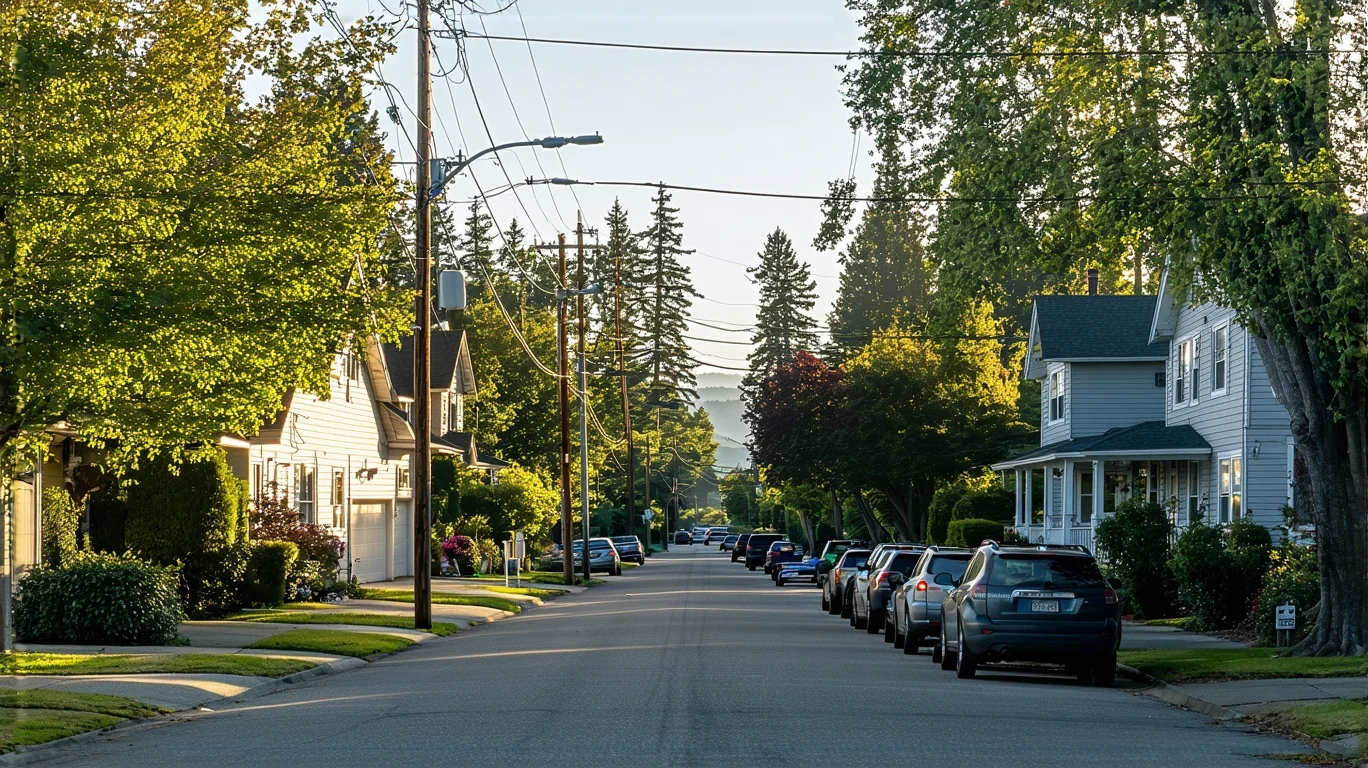 A sunny residential street in Kent, WA with maple trees and parked cars