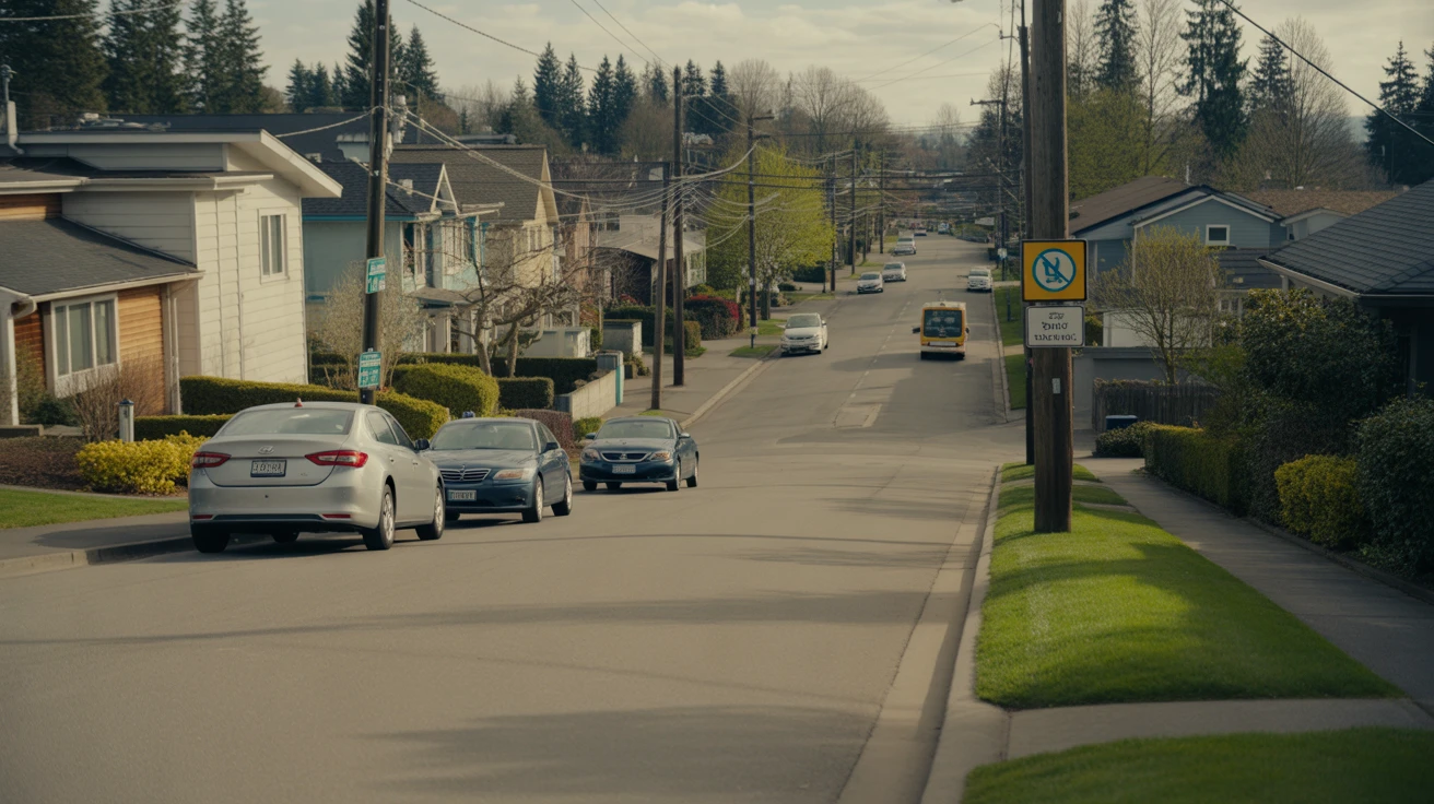 A quiet residential street in Bellevue, WA with modern homes, parked cars, and a bus visible in the distance.