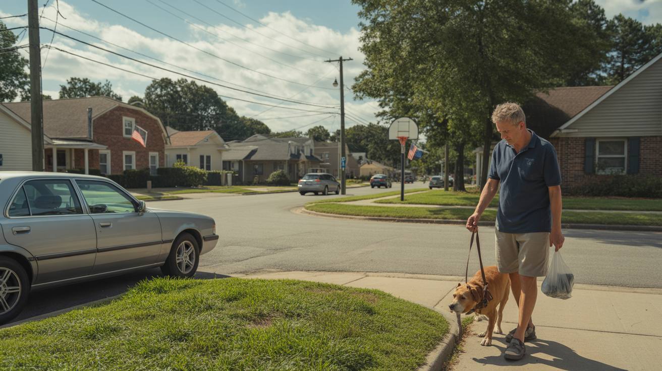 A man walks his dog on a quiet suburban street corner in Wake Forest, NC