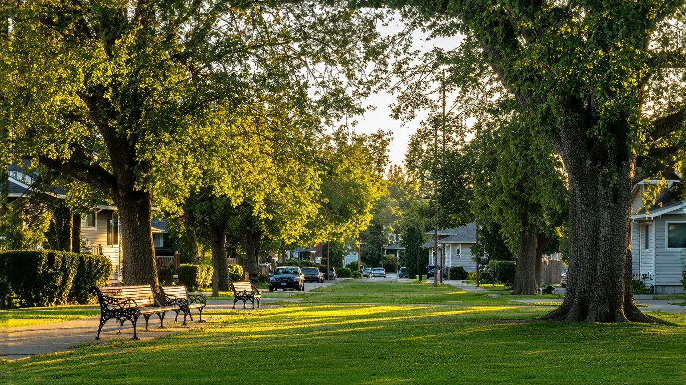 A tranquil park lawn with oak trees and empty benches in Everett, Washington at sunset
