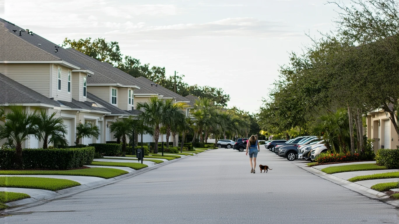 Suburban street in Wesley Chapel with stucco homes, tidy yards, and a woman walking her dog on the sidewalk.