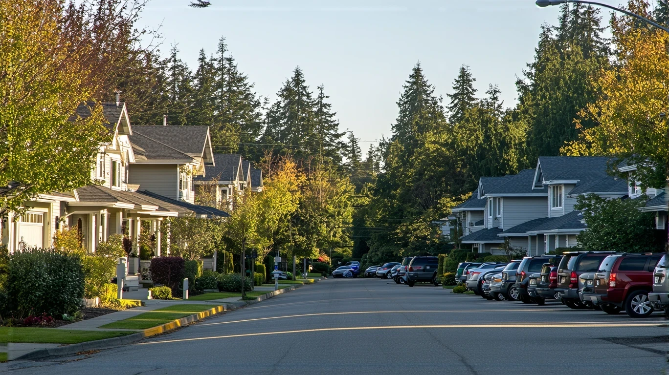 A suburban street in Kent, Washington lined with craftsman homes and townhouses.