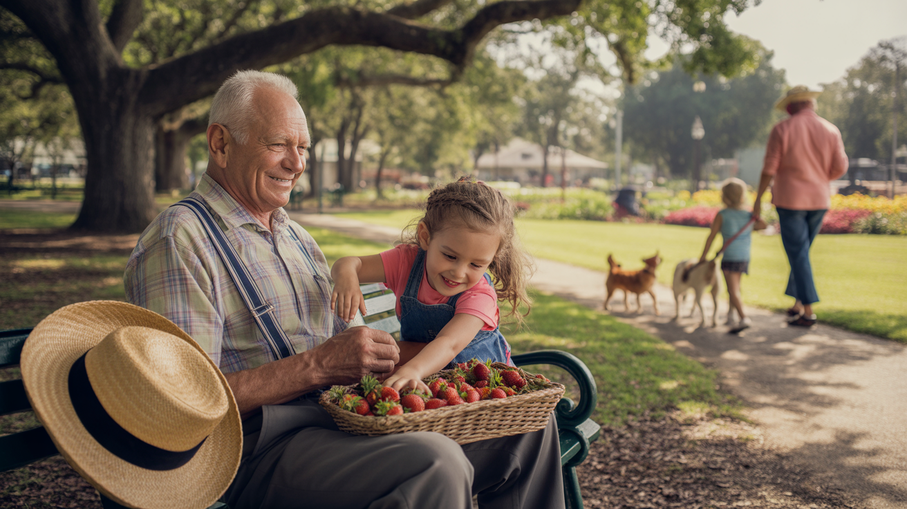 Elderly man sitting on park bench with granddaughter in Plant City, Florida