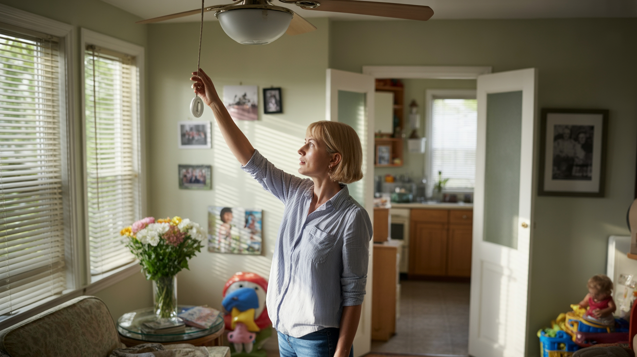 Woman adjusting ceiling fan in living room of suburban home